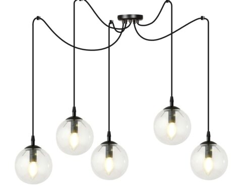 Hanglamp Furnio Zwart Ø14 cm met 5 transparante glazen bollen en zwarte snoeren