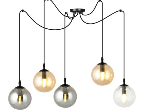 Hanglamp GIGI zwart met vijf glazen kappen in transparant, grafiet en amber, verstelbare hoogte