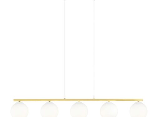 Hanglamp Marres Wit Ø14 cm met 5 witte glazen bollen en goudkleurige details, modern design