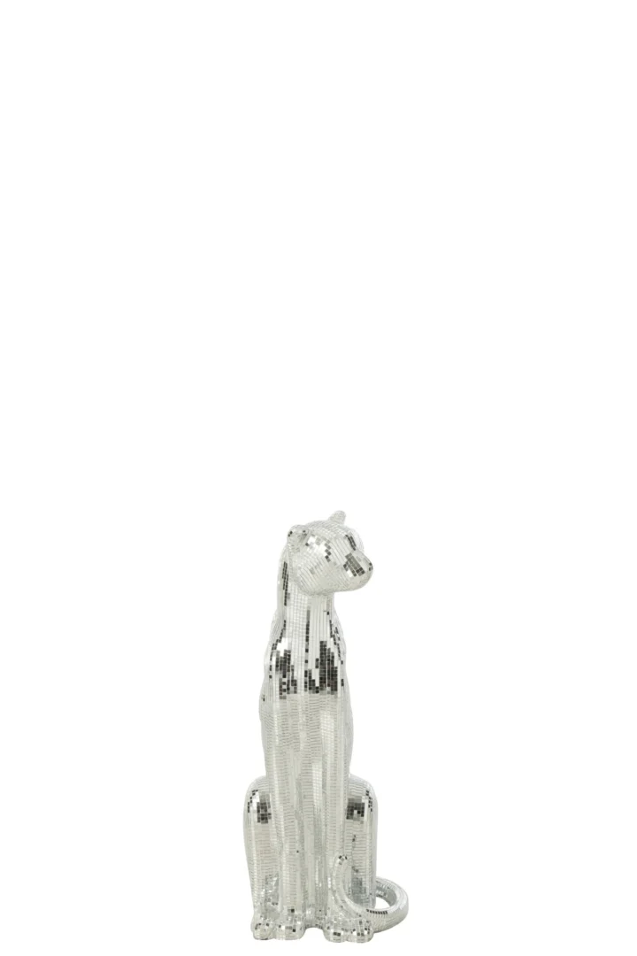 Spiegel Paaskea zilveren kat met mozaïeklook, decoratieve woonaccessoire uit polyresin en spiegelglas