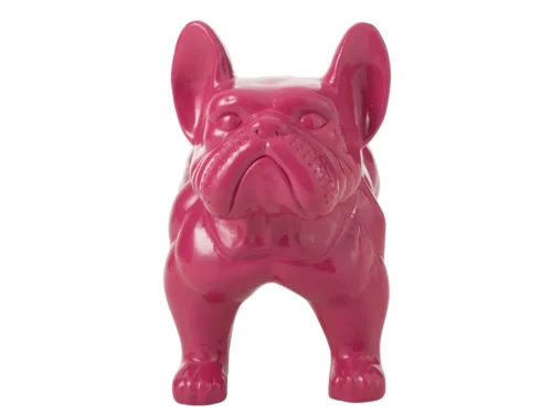 Woonaccessoire Priemos Roze: opvallende roze bulldog sculptuur van glanzend MGO voor een modern interieur