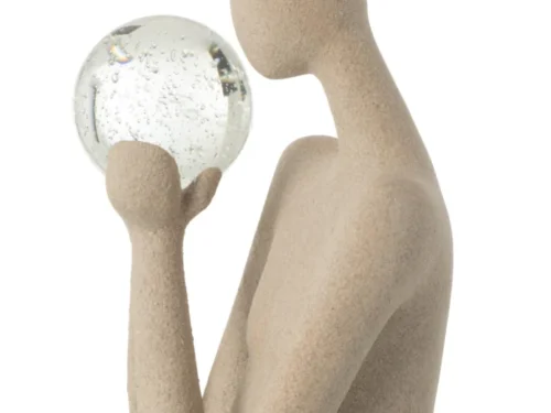Decoratiebal Caasia naturel polyresin met kristallen bol, moderne sculptuur voor sfeervolle woondecoratie