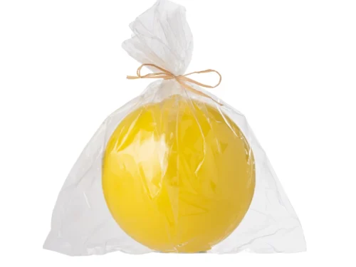 Bolkaars Suske gele paraffine bolkaars in transparante verpakking met strik, decoratieve woonaccessoire
