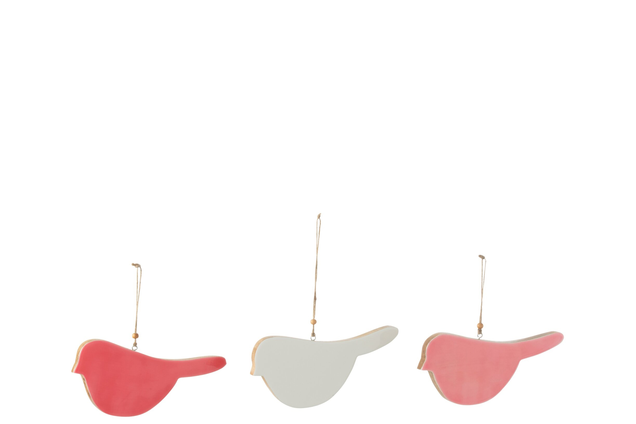 Vogelhanger Contil mangohout set van 3 in rood, wit en roze, speelse decoratieve hangvogels