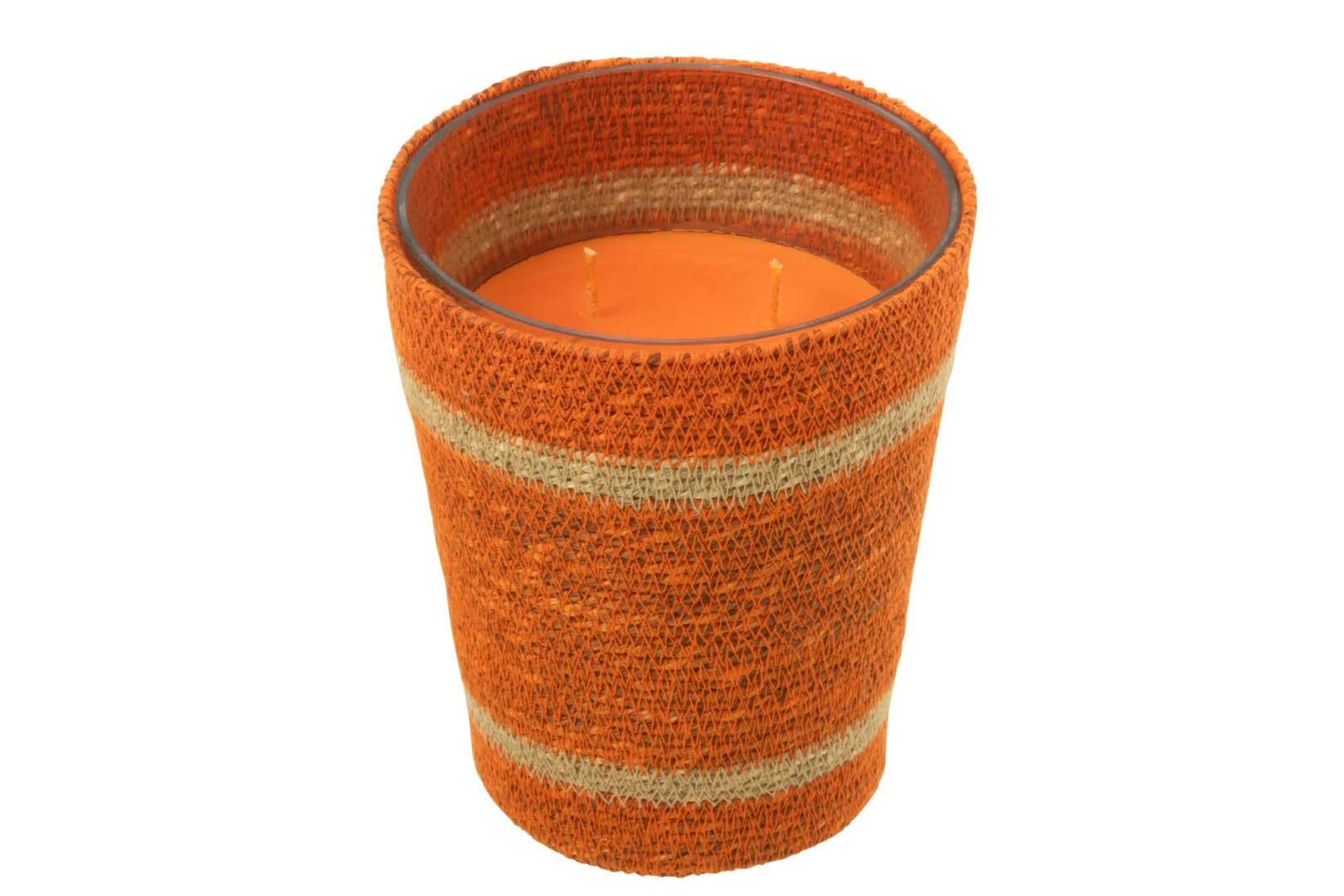 Geurkaars Sloovak Glas Oranje met rotan detail en twee lonten, warme sfeervolle blikvanger