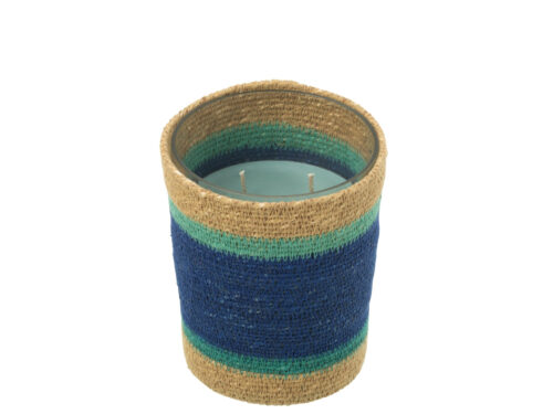Geurkaars Staroro Glas Blauw met rotan omhulsel en frisse strandgeluk-geur, decoratief en zomers