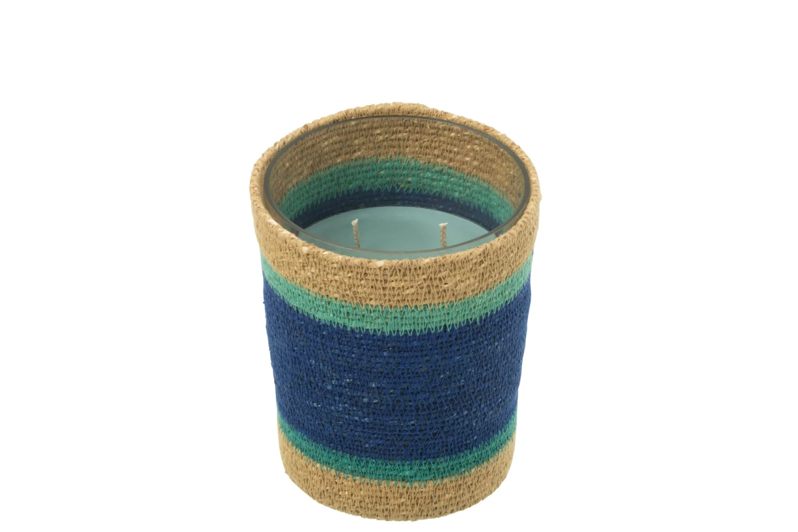 Geurkaars Staroro Glas Blauw met rotan omhulsel en frisse strandgeluk-geur, decoratief en zomers