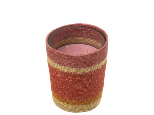 Geurkaars Skaurek in meerkleurig glas met rotan details en zachte bloemige roosgeur