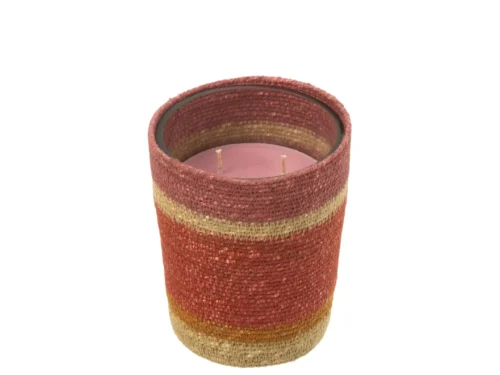 Geurkaars Skaurek in meerkleurig glas met rotan details en zachte bloemige roosgeur