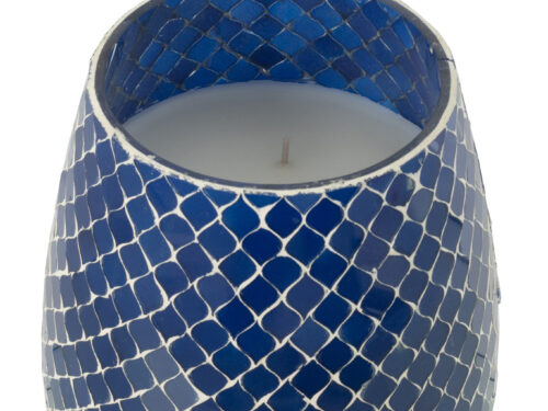 Blauwe Geurkaars Prauntone Glas met visgraatpatroon en witte was