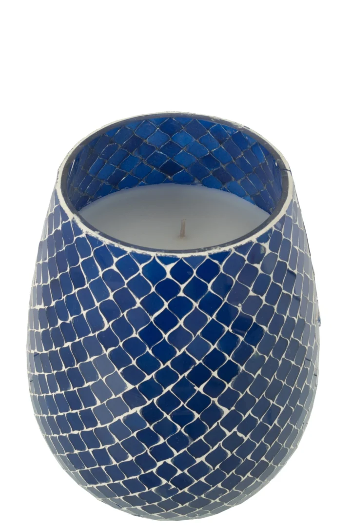 Blauwe Geurkaars Prauntone Glas met visgraatpatroon en witte was
