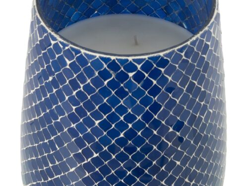 Geurkaars Moltero van blauw paraffineglas met subtiel bloemige Juniper Love geur in stijlvol patroonprint ontwerp