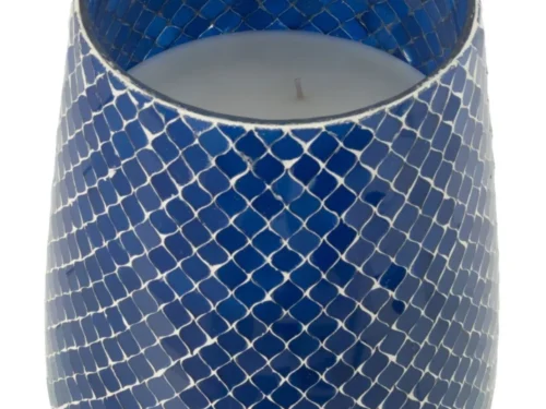 Geurkaars Moltero van blauw paraffineglas met subtiel bloemige Juniper Love geur in stijlvol patroonprint ontwerp