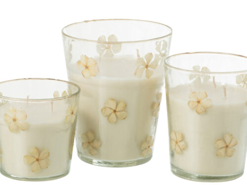 Geurkaars Tidos in transparant glas met bloemendecor en zachte Tedere roos geur