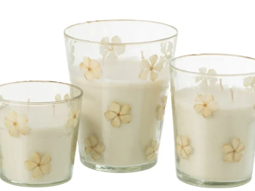 Geurkaars Tidos in transparant glas met bloemendecor en zachte Tedere roos geur