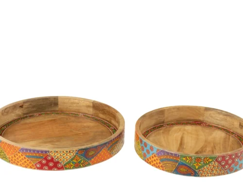 Set van 2 Flikol mangohouten dienbladen, meerkleurig met decoratieve rand en handgrepen