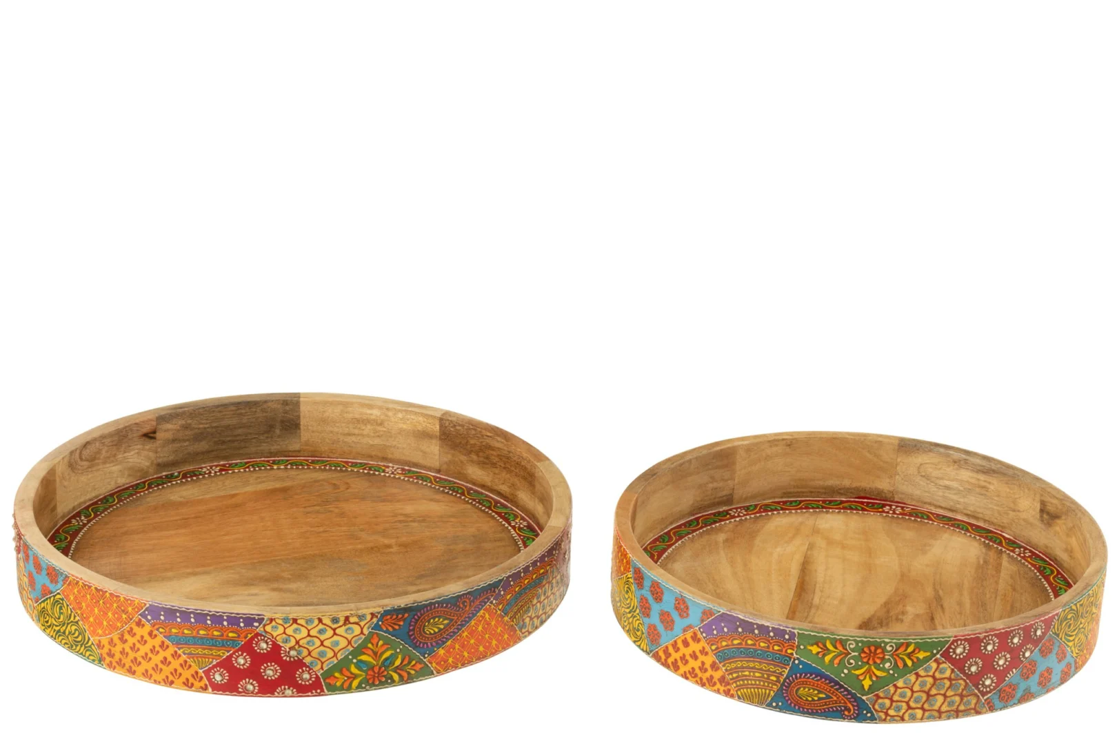 Set van 2 Flikol mangohouten dienbladen, meerkleurig met decoratieve rand en handgrepen