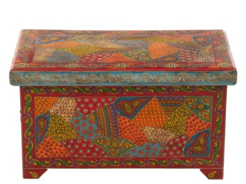 Kist Delhi van mangohout met meerkleurige handbeschildering en decoratief patchworkdesign