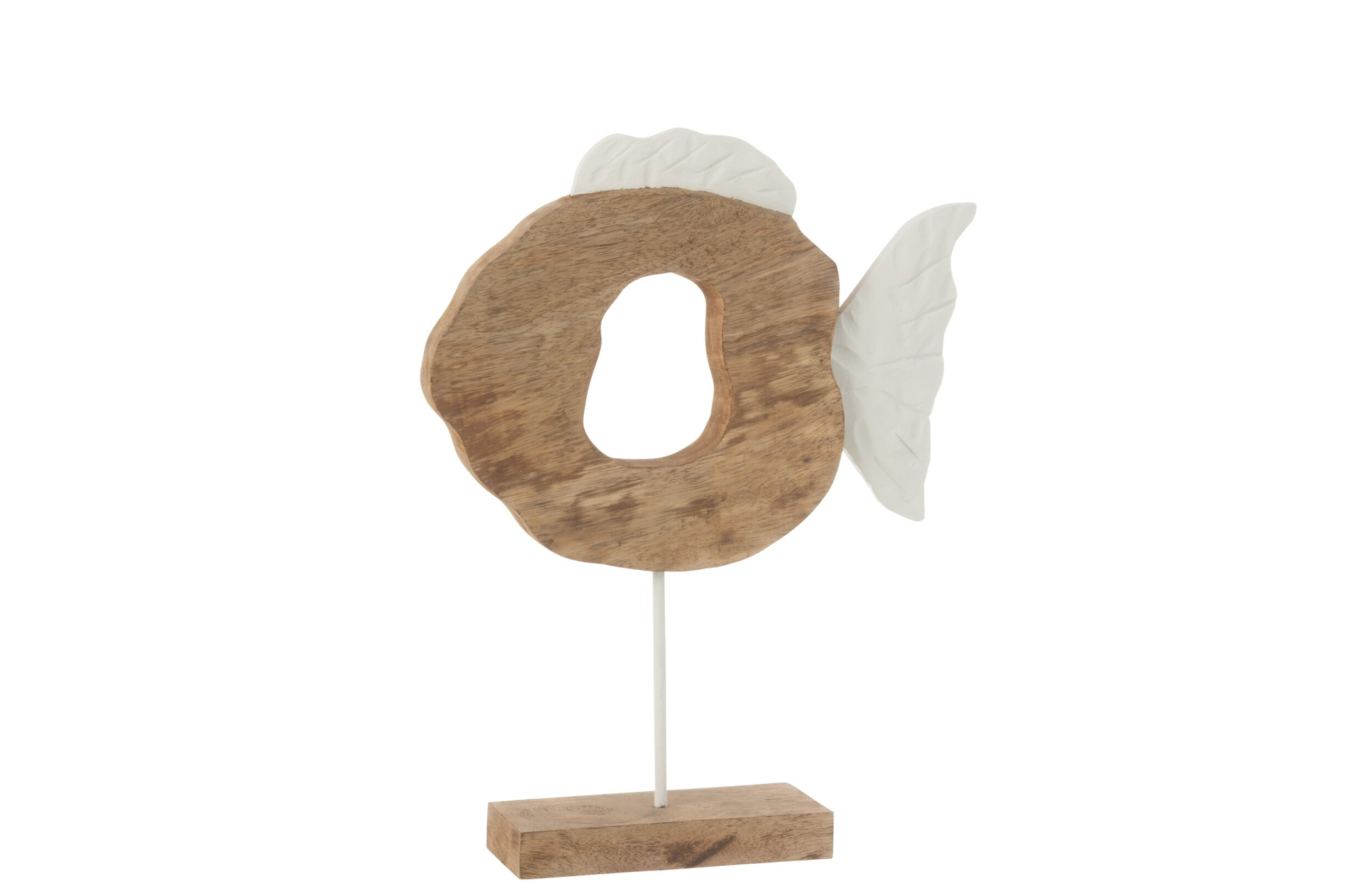 Decoratiefiguur Vieltand visvorm van mangohout met witte details en ijzeren voet, H48 cm