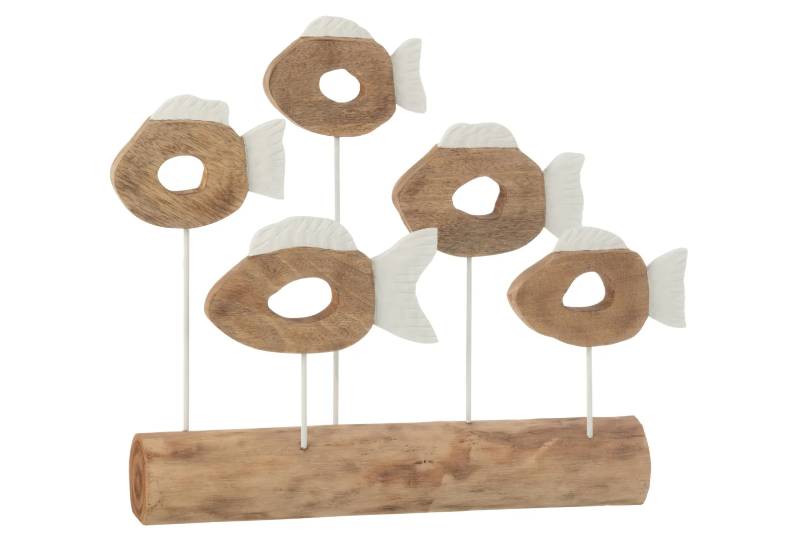 Faulvero decoratiefiguur set van 5 vissen van mangohout met witte details op houten voet