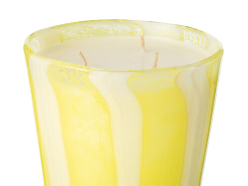 Bronsella geurkaars van sojawas in geel-wit glas, meerkleurig met drie lonten en bloemige Yashioka gardenia geur