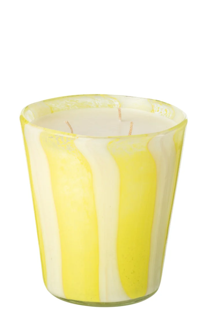 Bronsella geurkaars van sojawas in geel-wit glas, meerkleurig met drie lonten en bloemige Yashioka gardenia geur