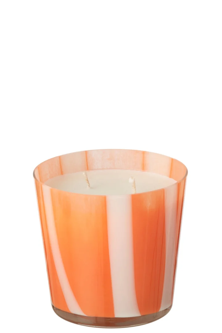 Geurkaars Ladoro Sojawas Meerkleurig in oranje-wit glas, dubbele lont en frisse citrusgeur, 50 uur brandduur