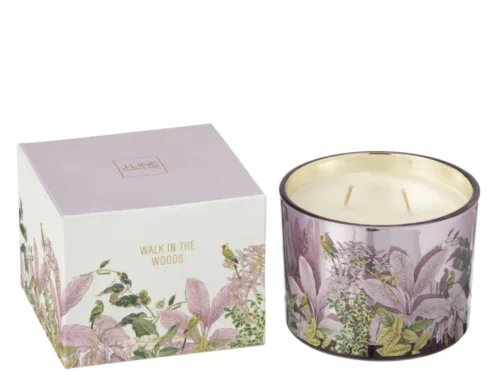 Geurkaars Sildena in meerkleurige glazen pot met bloemenprint en twee lonten, inclusief doos met botanisch ontwerp