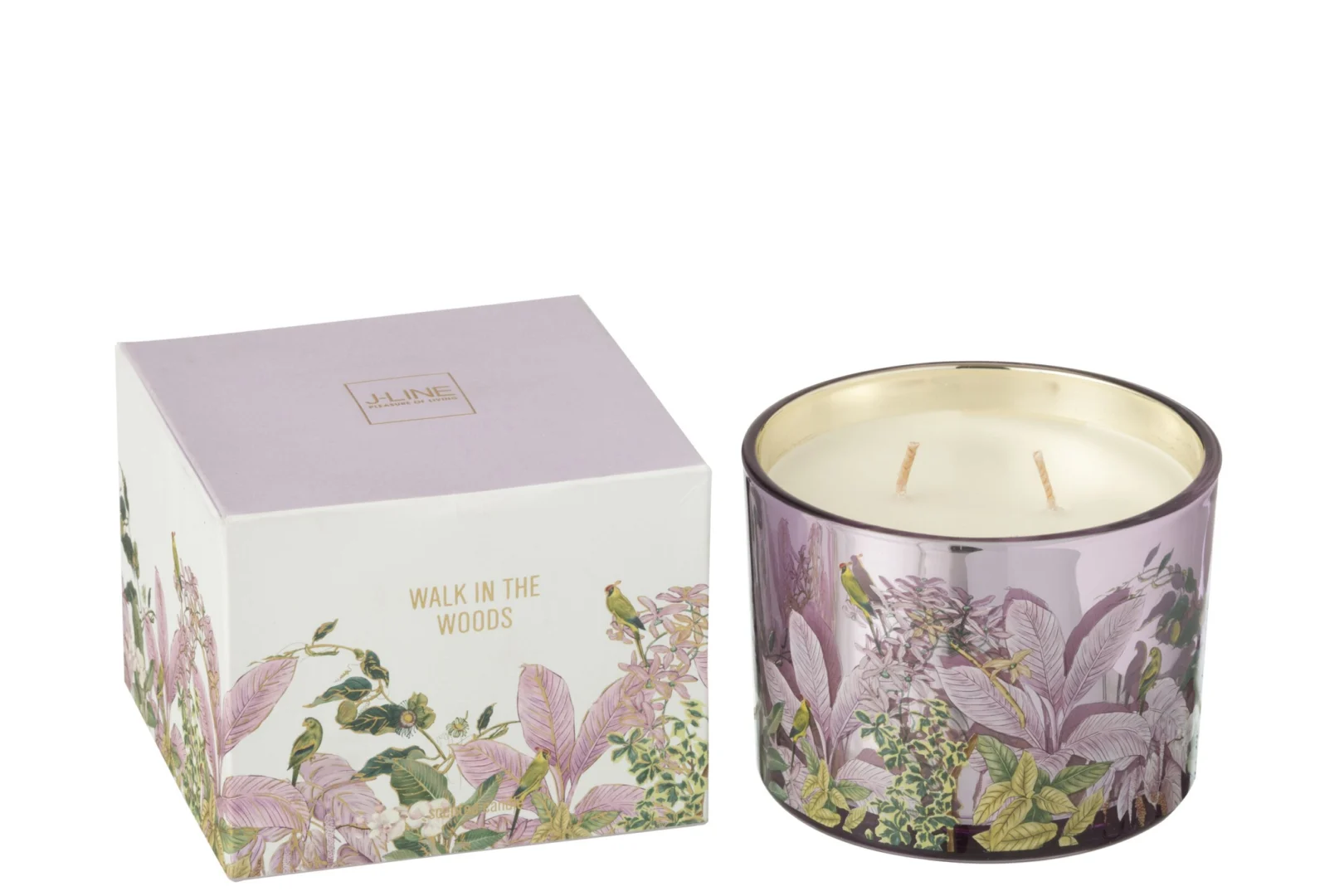 Geurkaars Sildena in meerkleurige glazen pot met bloemenprint en twee lonten, inclusief doos met botanisch ontwerp