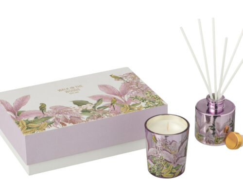 Geurstokjes Fleeltis Meerkleurig in paarse glazen fles, met bloemige print en luxe giftsetdoos
