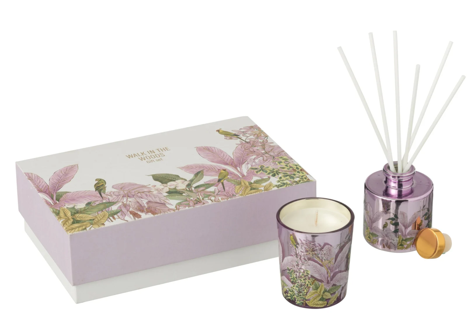 Geurstokjes Fleeltis Meerkleurig in paarse glazen fles, met bloemige print en luxe giftsetdoos