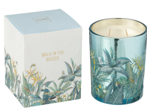 Geurkaars Walk in the Woods in meerkleurig glas met tropische print en dubbel lontje, inclusief verpakking