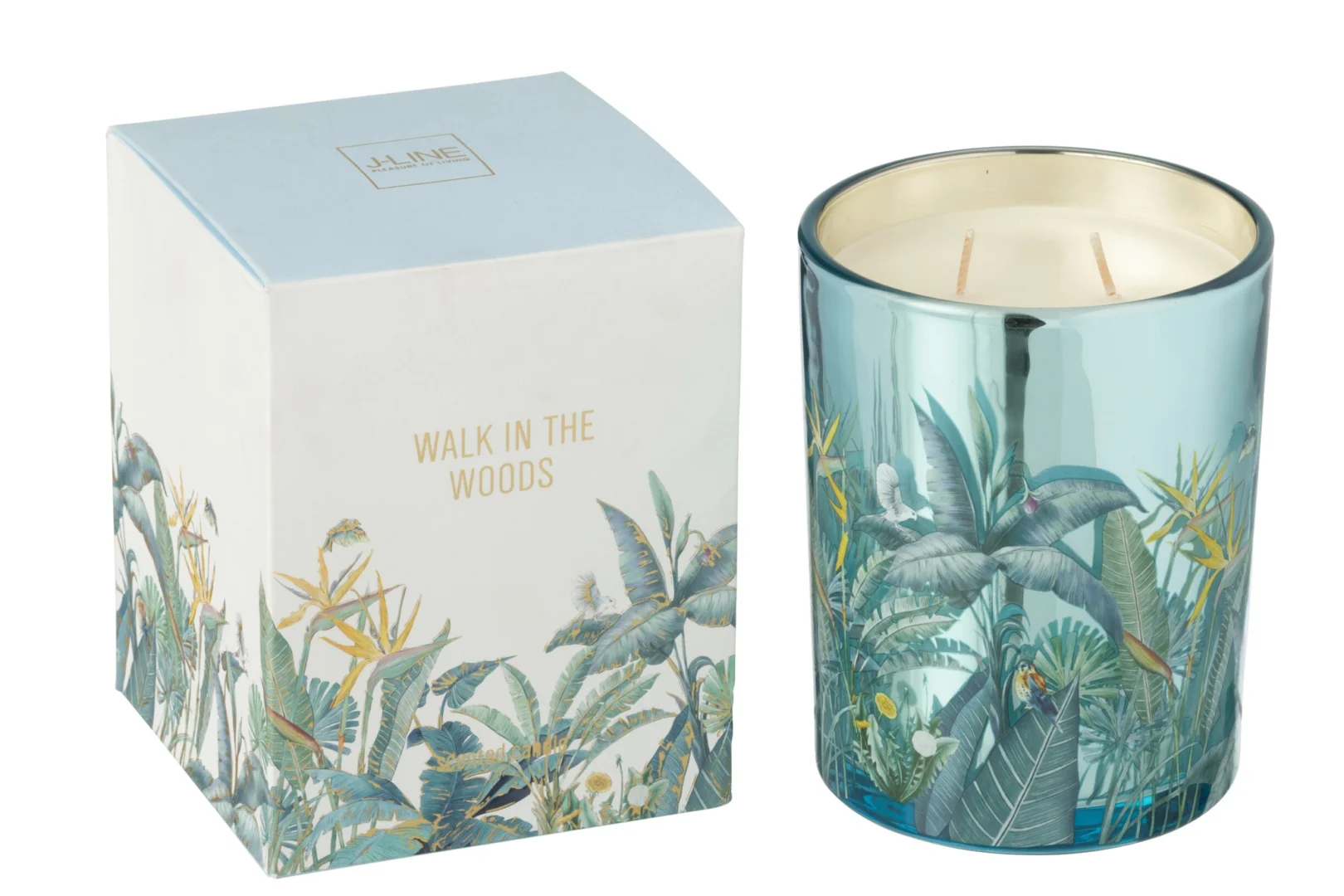 Geurkaars Walk in the Woods in meerkleurig glas met tropische print en dubbel lontje, inclusief verpakking