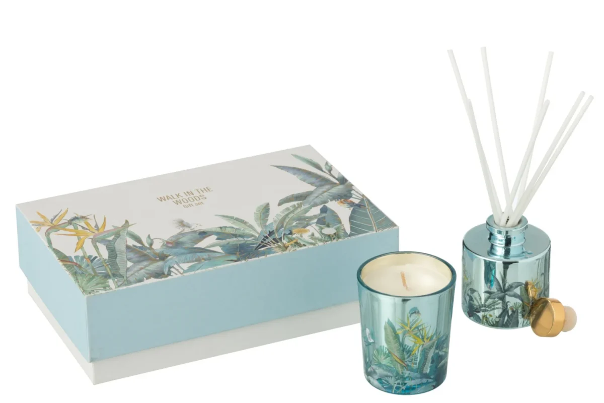 Kaars Poolles Meerkleurig in turquoise glas met tropische print en bijpassende giftset doos