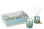 Kaars Poolles Meerkleurig in turquoise glas met tropische print en bijpassende giftset doos