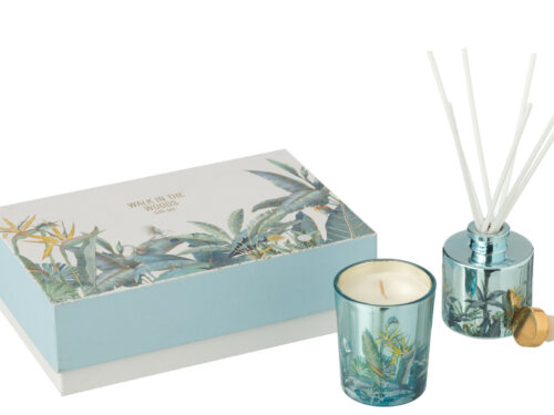 Kaars Poolles Meerkleurig in turquoise glas met tropische print en bijpassende giftset doos