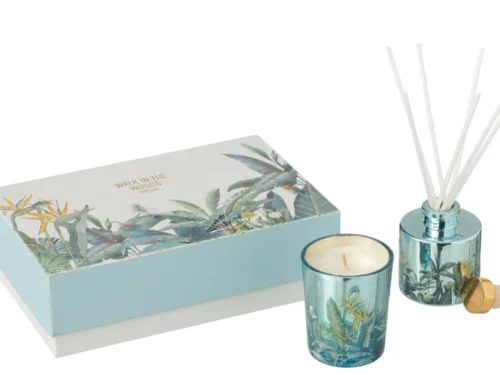 Kaars Poolles Meerkleurig in turquoise glas met tropische print en bijpassende giftset doos