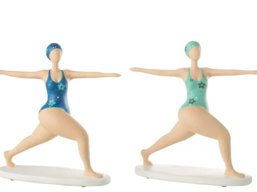 Beeld Flaldond steen meerkleurig, set van 2 dansende figuren met uitgestrekte armen op witte voet