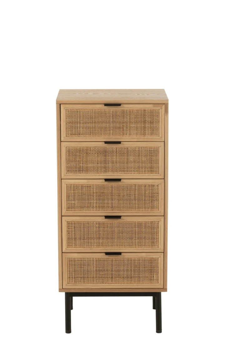 Kast Kloodan Naturel met 5 lades, rieten fronten en zwart metalen poten, 46 cm hoog