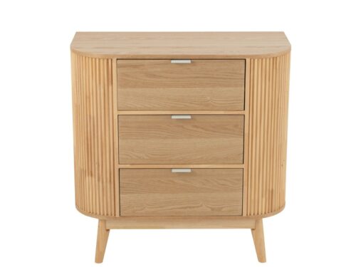 Kast Larrino Naturel 80 cm met afgeronde vorm, drie lades en ribbelzijden in warme houtlook