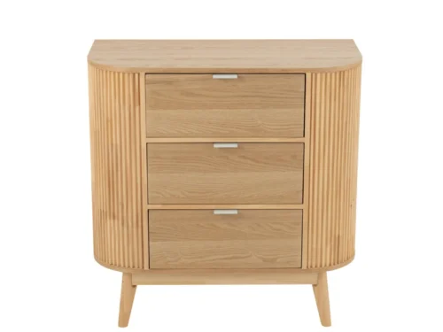 Kast Larrino Naturel 80 cm met afgeronde vorm, drie lades en ribbelzijden in warme houtlook