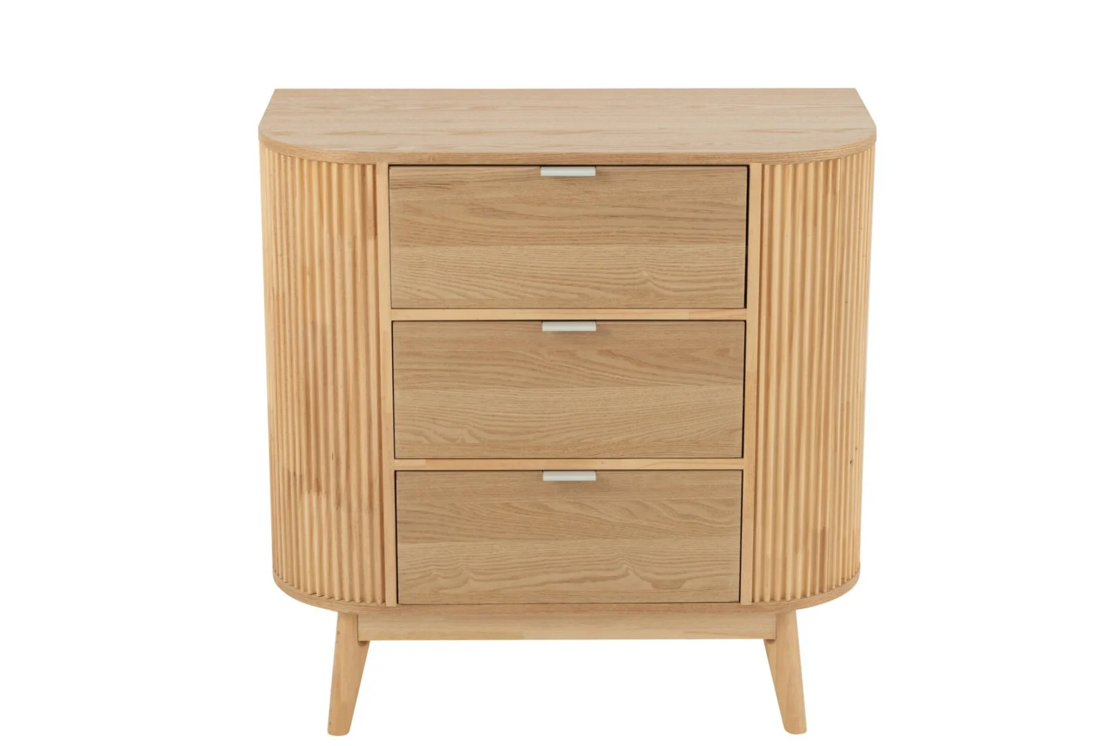 Kast Larrino Naturel 80 cm met afgeronde vorm, drie lades en ribbelzijden in warme houtlook