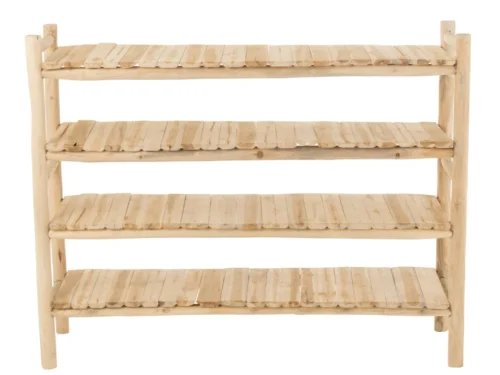 Zusella teak naturel woonaccessoire met vier planken en rustieke, warme uitstraling