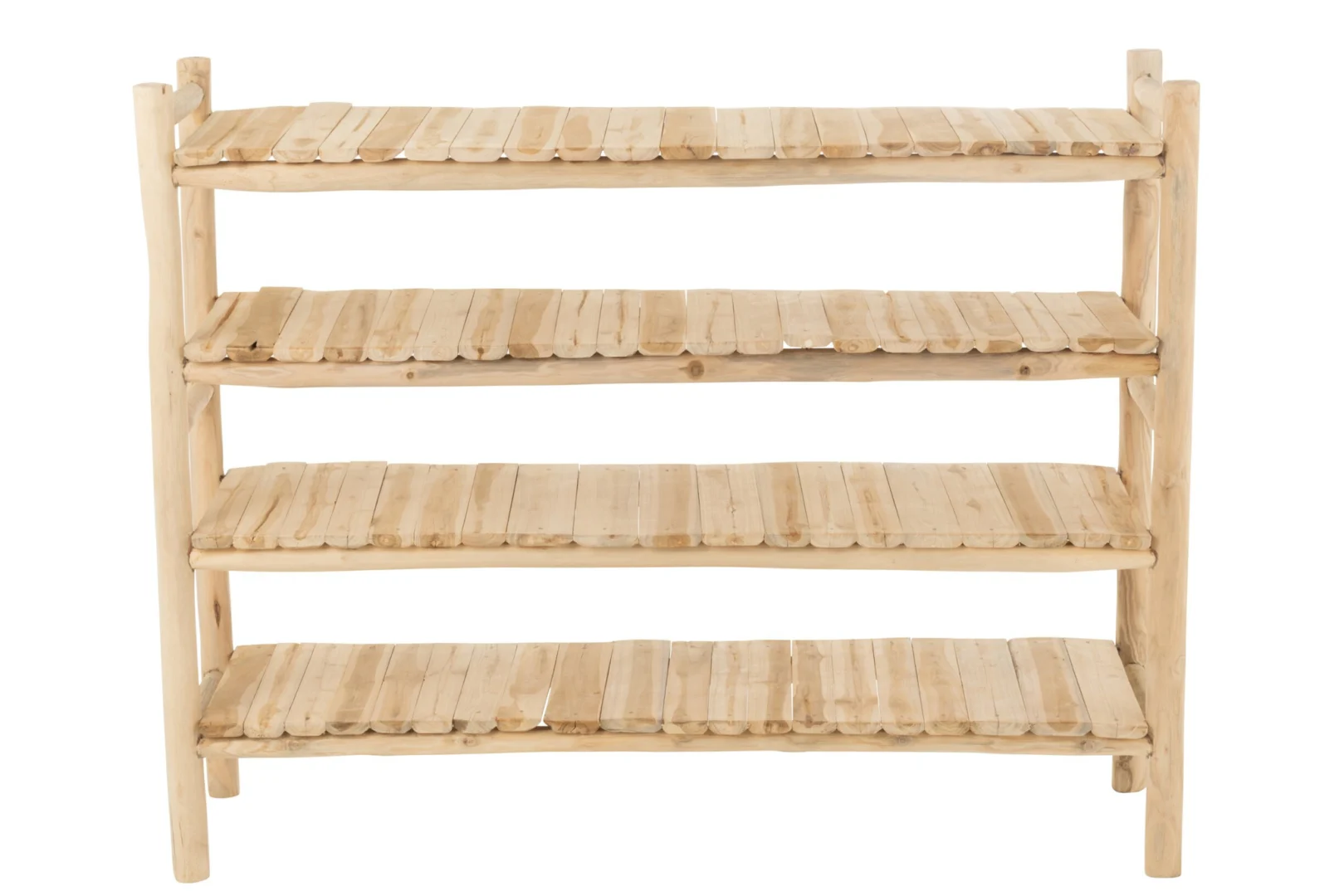 Zusella teak naturel woonaccessoire met vier planken en rustieke, warme uitstraling