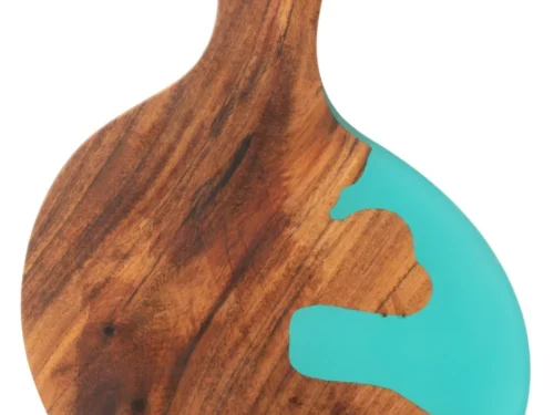 Serveerplank Noonnero in acaciahout en blauw hars, organische vorm met handgreep