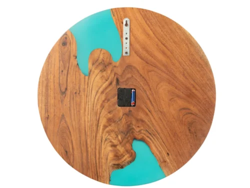 Wandklok Sliellak Blauw van acaciahout met turquoise hars, rond en 55 cm groot, modern design