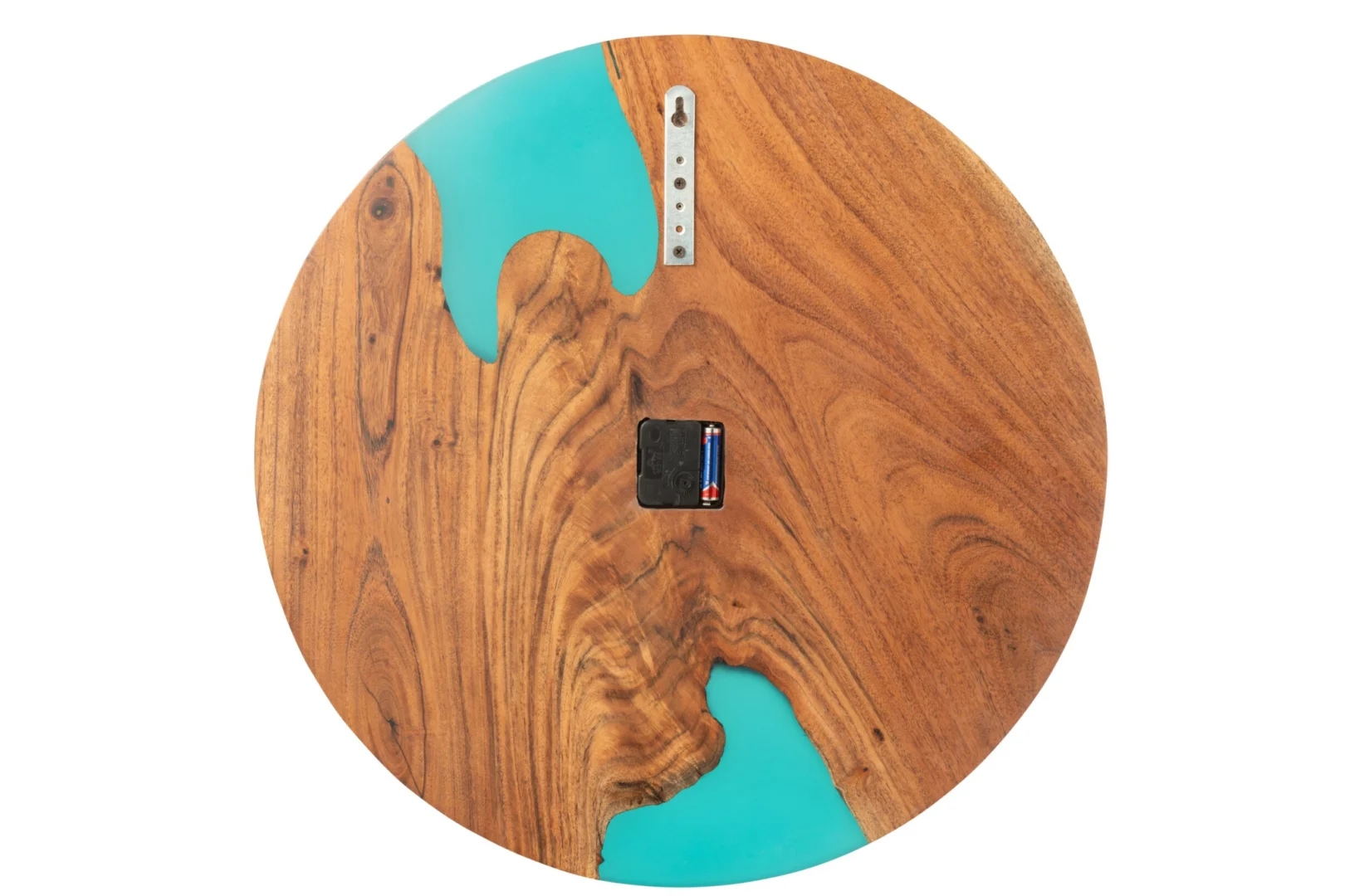 Wandklok Sliellak Blauw van acaciahout met turquoise hars, rond en 55 cm groot, modern design