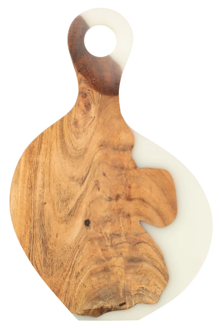 Serveerplank Prometheus hout wit, acaciahout en hars met organische vorm en handgreep