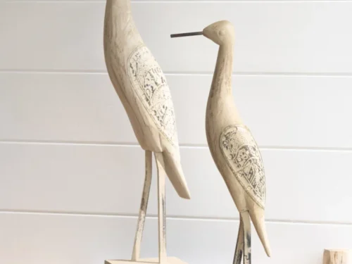 Decoratiefiguur Vaardonte mangohout naturel, slanke vogel op voet, 62 cm hoog, met ijzeren accenten