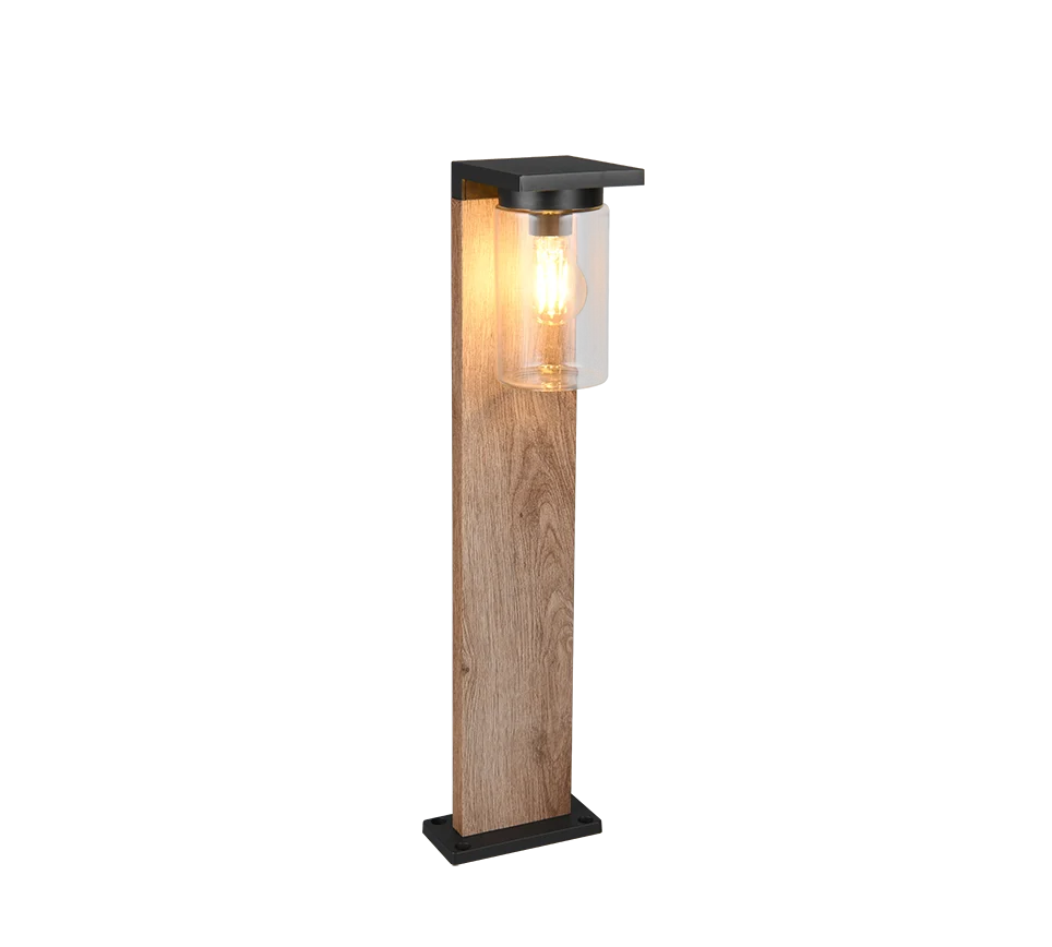 Buitenlamp Tedy met houtlook, heldere glazen kap en warm licht